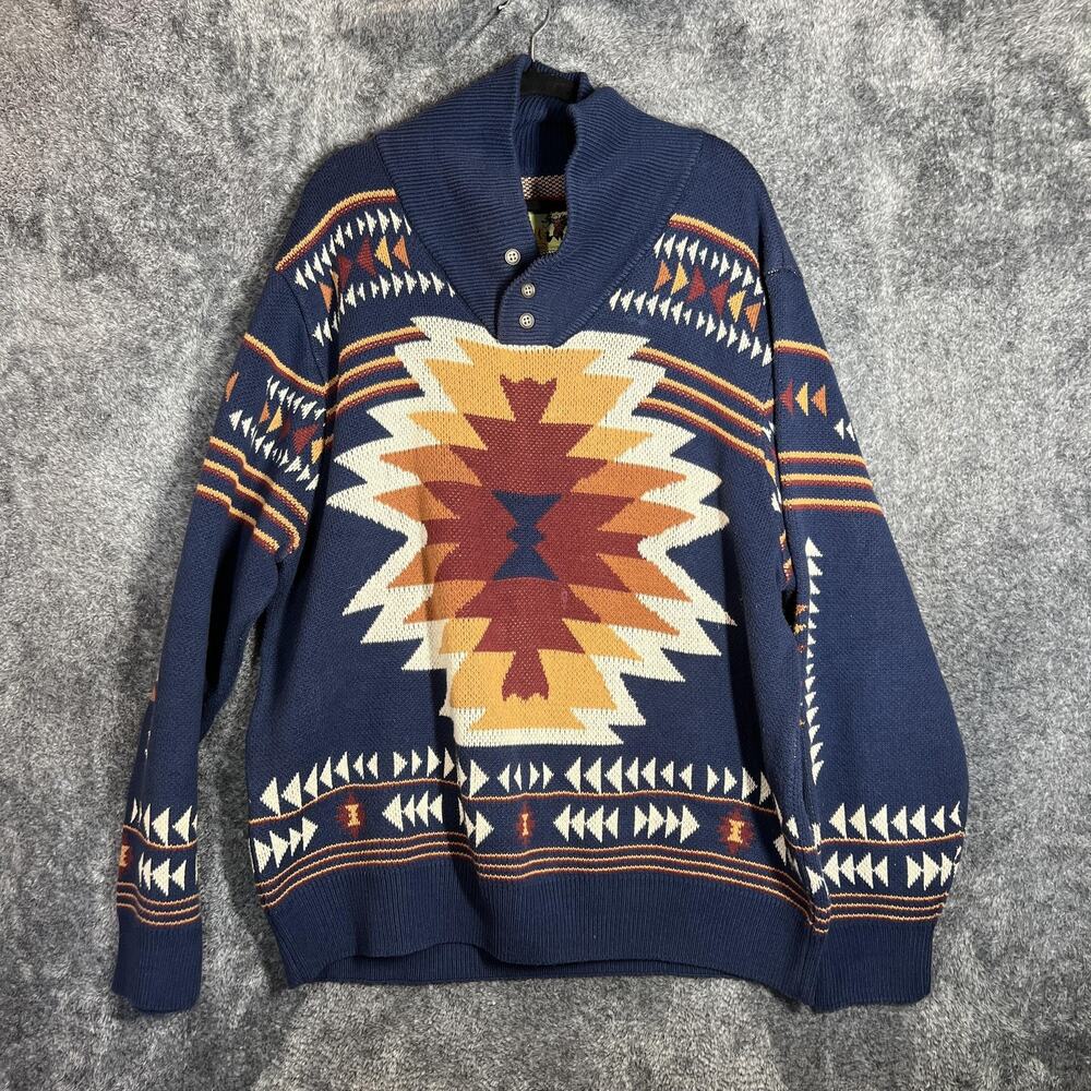 Cinch Sweater Mens 2XL Blue Aztec Western Henley Knit Pullover Tribal Cowboy